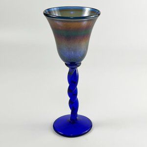 Rick Strini Studio Art Glass Iridescent Cobalt Blue Water Wine Goblet Twisted St